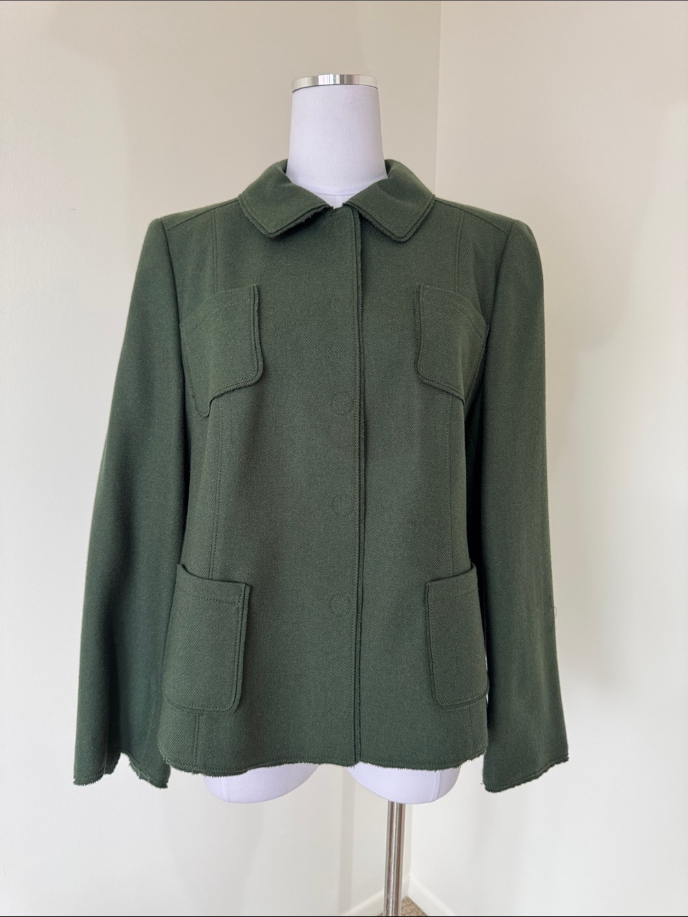 Akris Punto Green 100% Wool Utility Shirt Jacket Raw Hem Coat US 14 Large